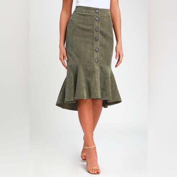 Lulus Doing My Thing Olive Green Corduroy Trumpet Hem Midi Skirt - Picture 3 of 7